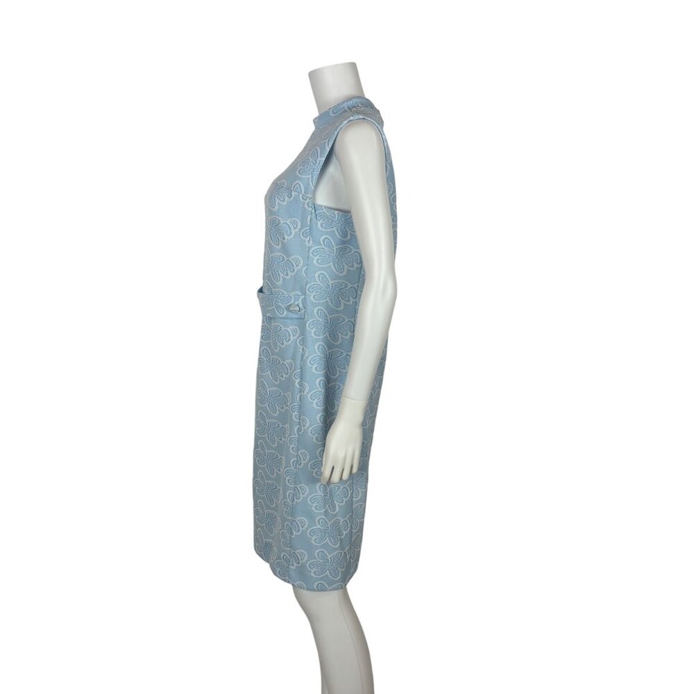 Vintage 60s Sheath Dress Womens Small Ice Blue Patterned Polyester Knee Length - Picture 8 of 11